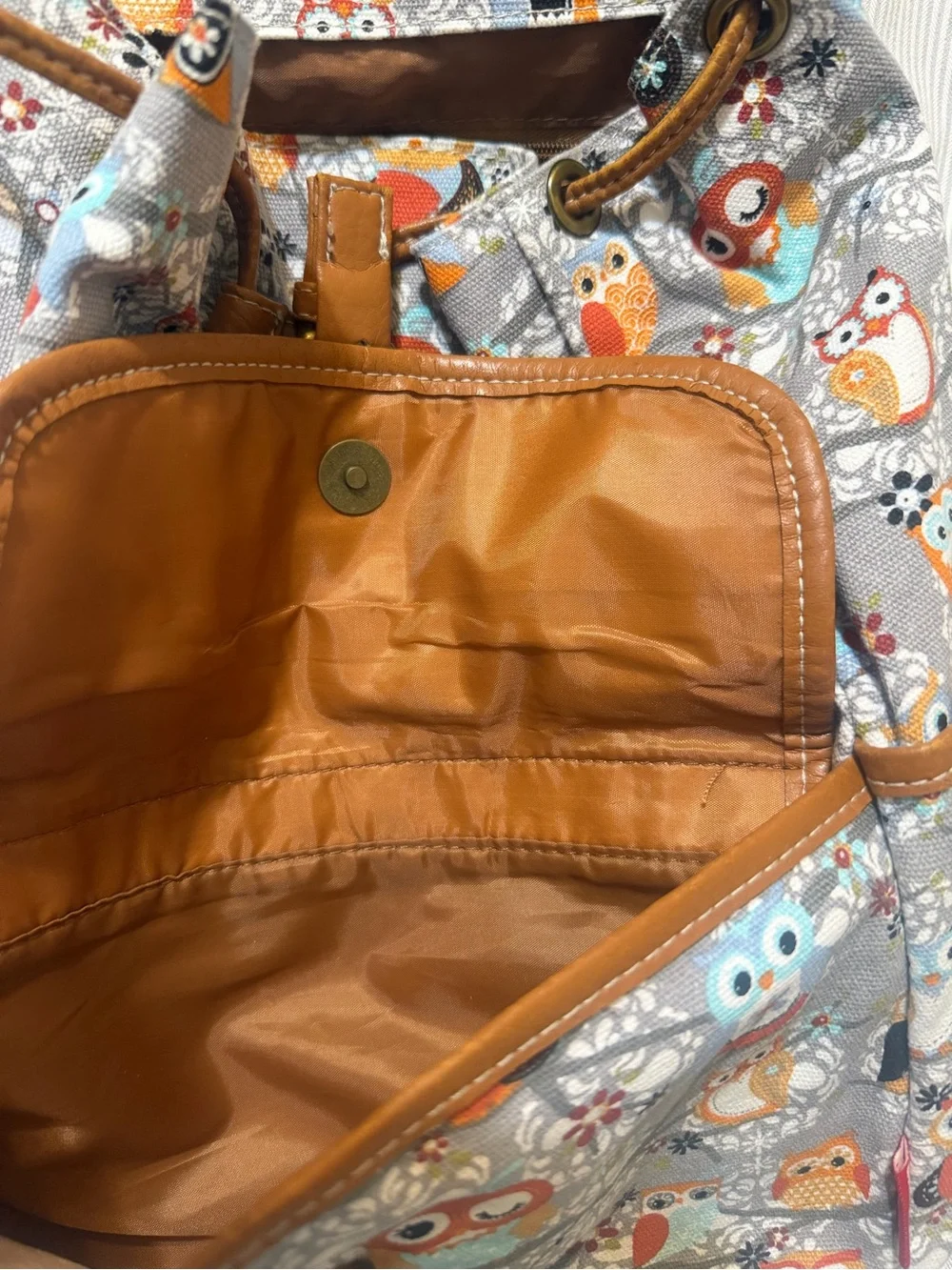 Unionbay Gray Owl Print Backpack with Brown Vegan Leather Trim